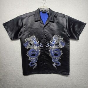 Vintage Y2K ODO Dragon Flame Embroidered Button Shirt Mens Large Skate Grunge